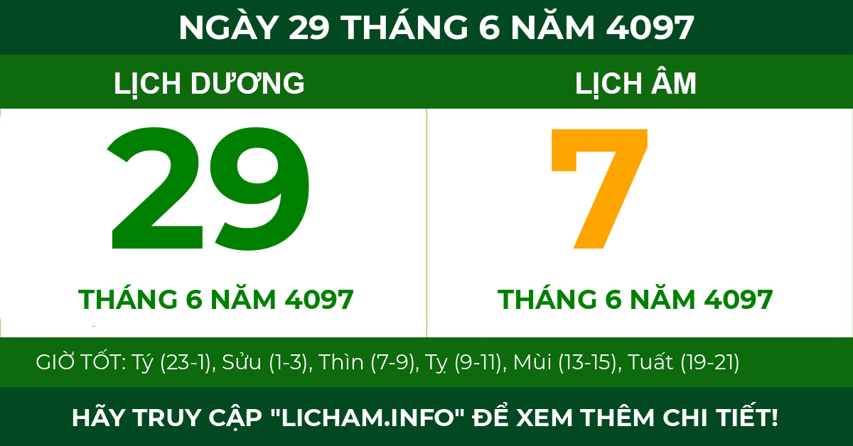 lịch âm ngày 29 tháng 6 năm 4097