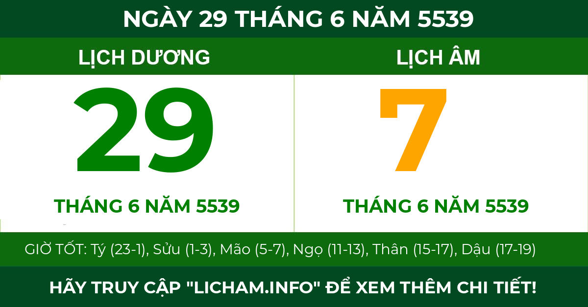 lịch âm ngày 29 tháng 6 năm 5539