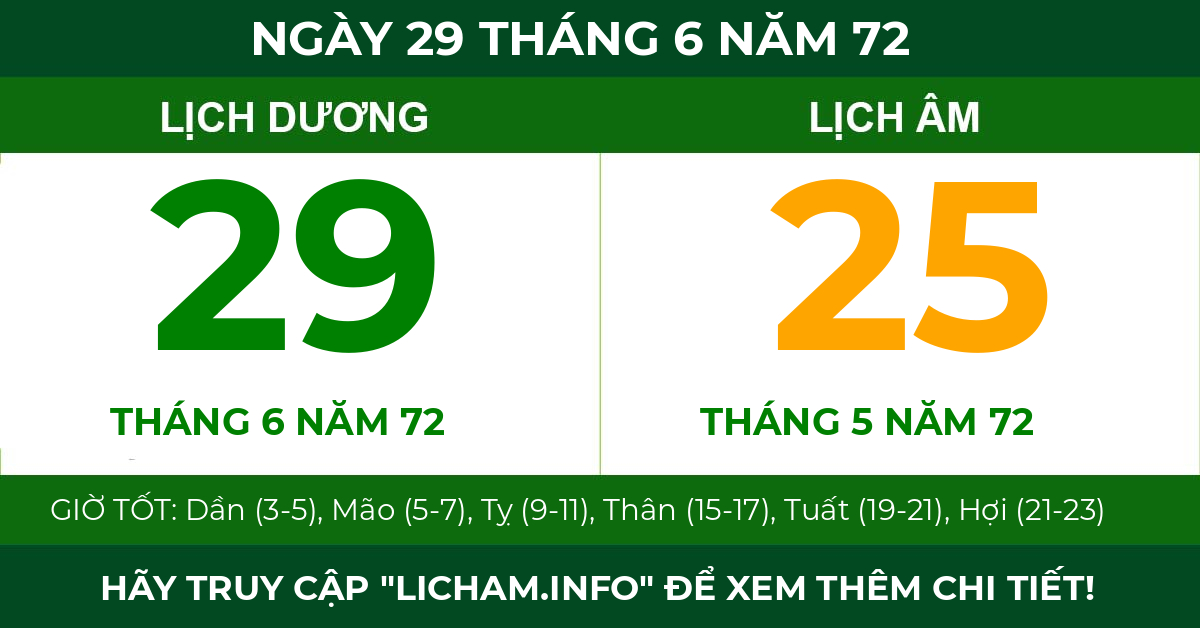 lịch âm ngày 29 tháng 6 năm 72