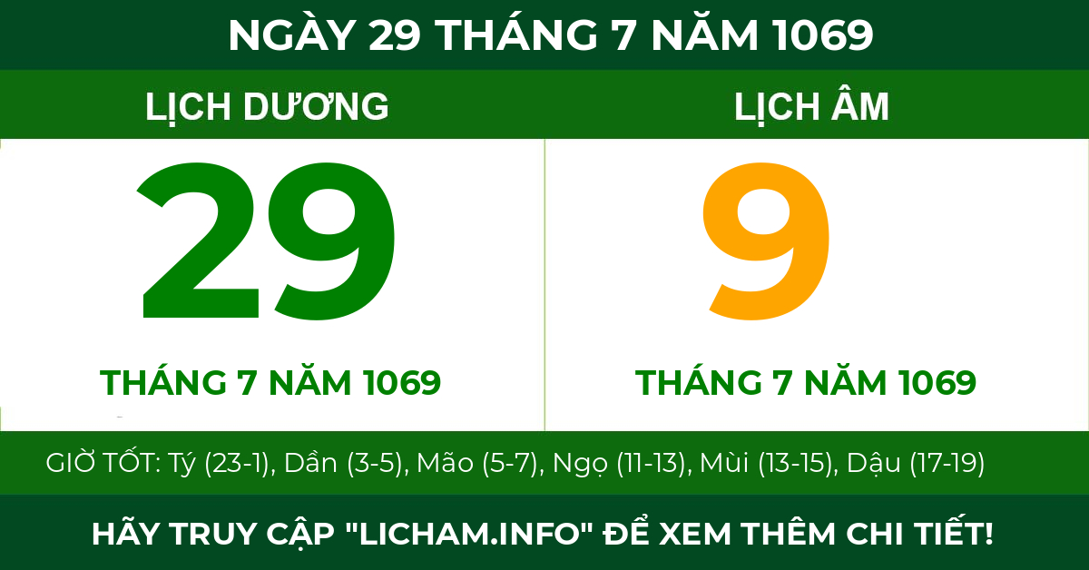 lịch âm ngày 29 tháng 7 năm 1069