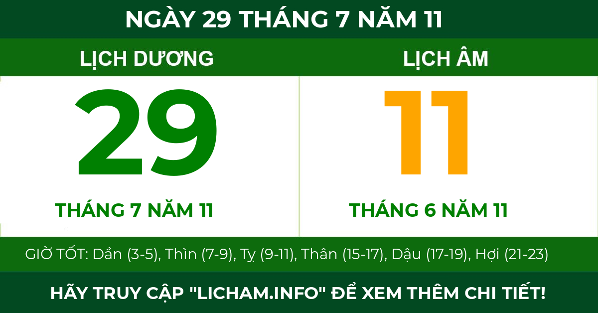 lịch âm ngày 29 tháng 7 năm 11