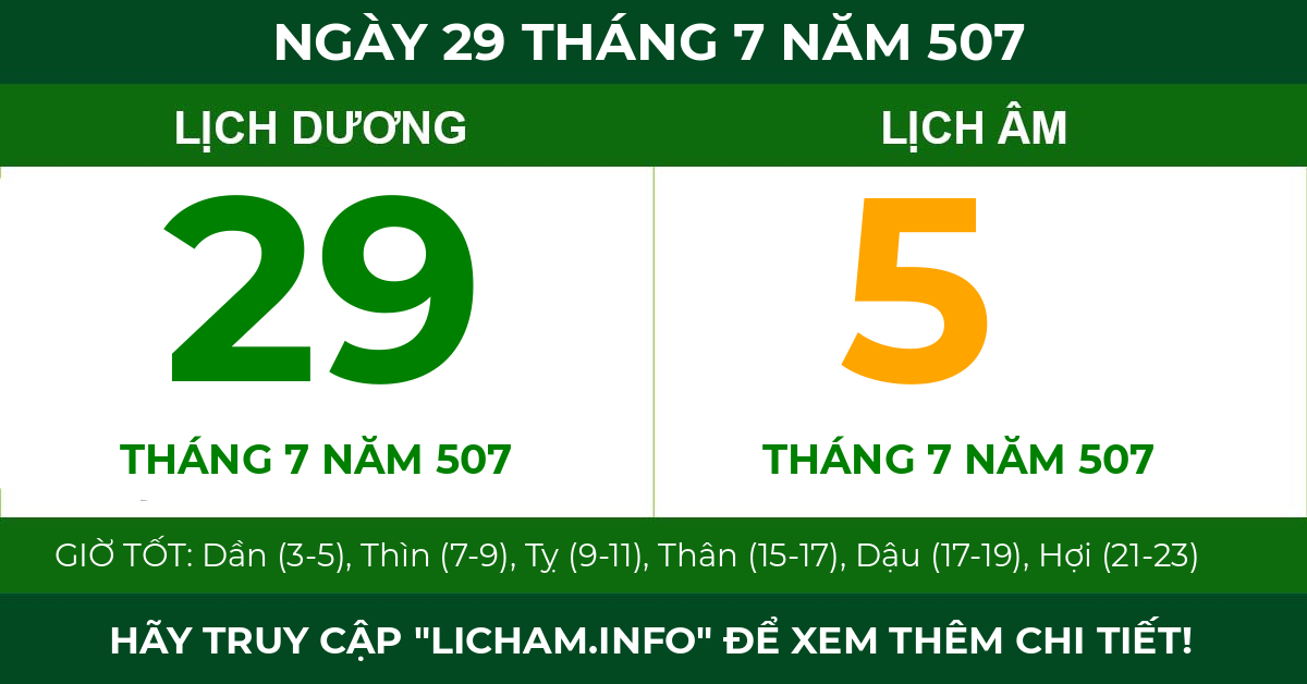 lịch âm ngày 29 tháng 7 năm 507