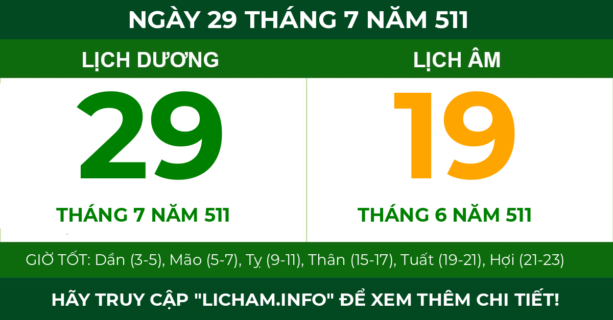 lịch âm ngày 29 tháng 7 năm 511
