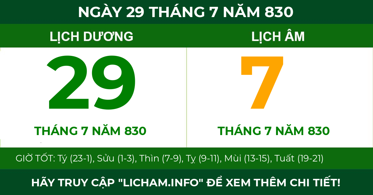 lịch âm ngày 29 tháng 7 năm 830