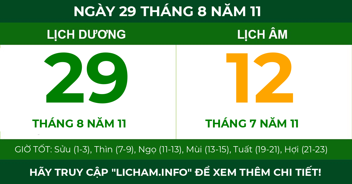 lịch âm ngày 29 tháng 8 năm 11