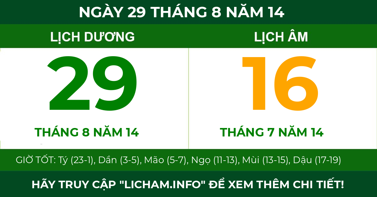 lịch âm ngày 29 tháng 8 năm 14