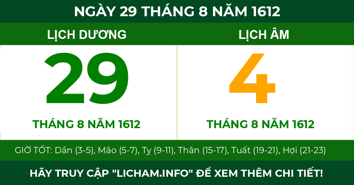 lịch âm ngày 29 tháng 8 năm 1612