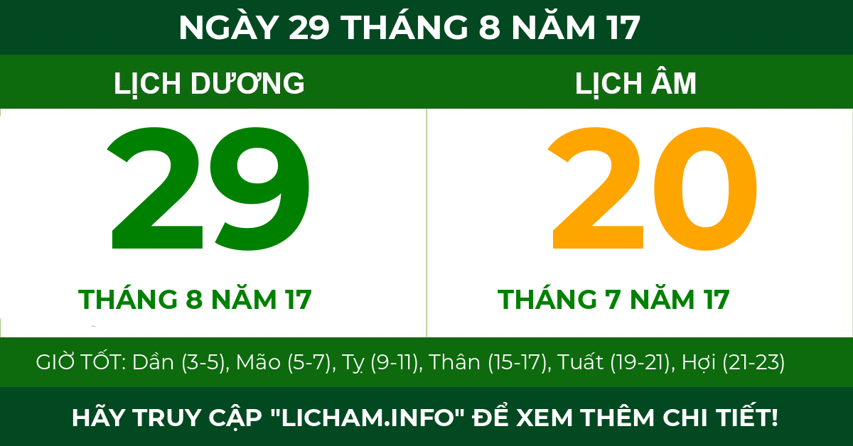 lịch âm ngày 29 tháng 8 năm 17