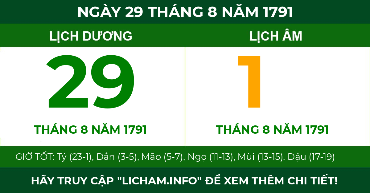 lịch âm ngày 29 tháng 8 năm 1791