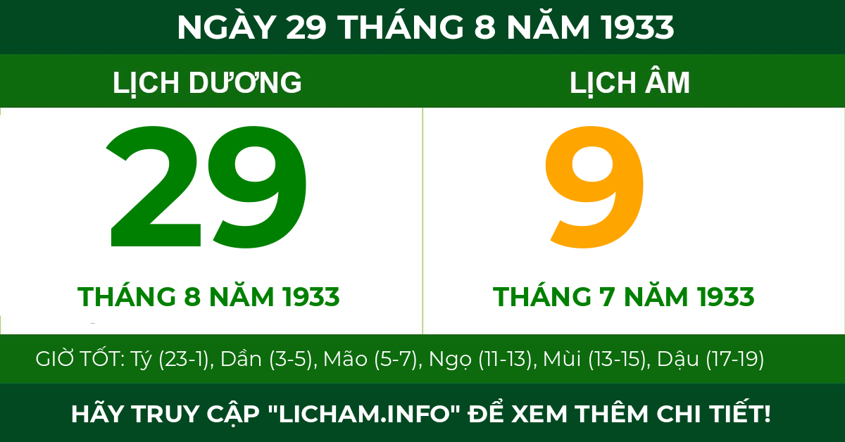 lịch âm ngày 29 tháng 8 năm 1933