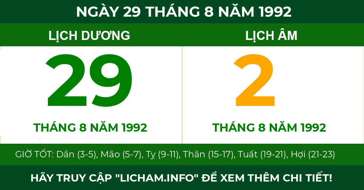 lịch âm ngày 29 tháng 8 năm 1992