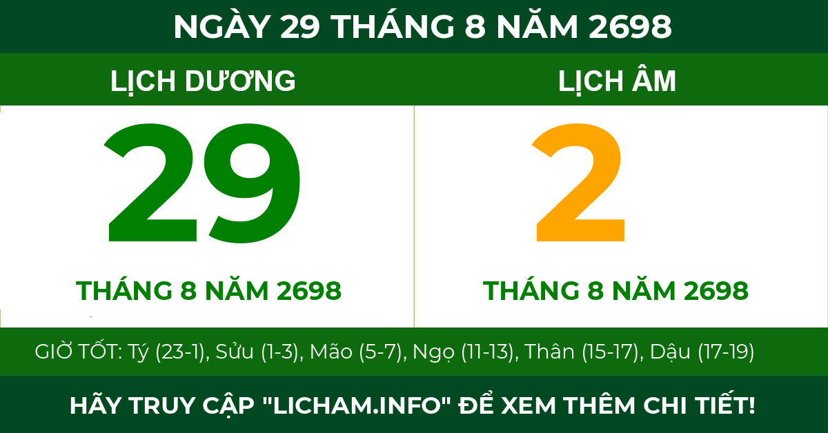 lịch âm ngày 29 tháng 8 năm 2698