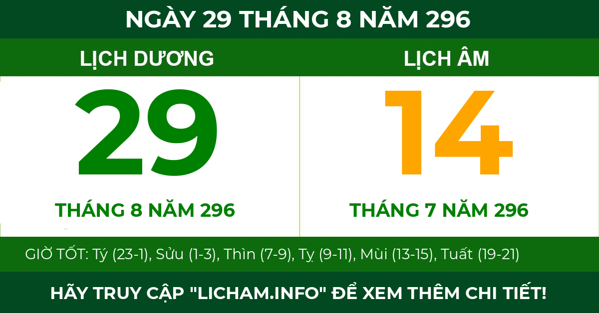 lịch âm ngày 29 tháng 8 năm 296
