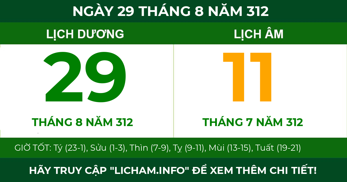 lịch âm ngày 29 tháng 8 năm 312