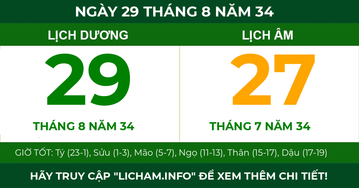 lịch âm ngày 29 tháng 8 năm 34