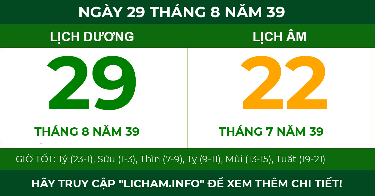 lịch âm ngày 29 tháng 8 năm 39