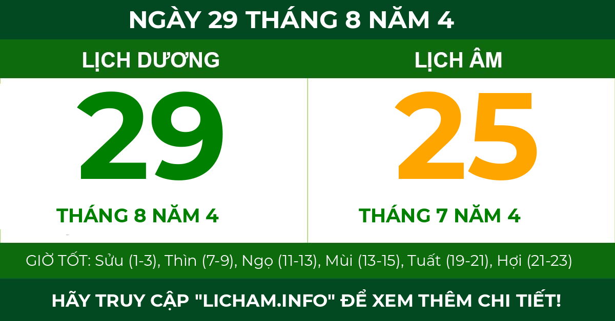 lịch âm ngày 29 tháng 8 năm 4