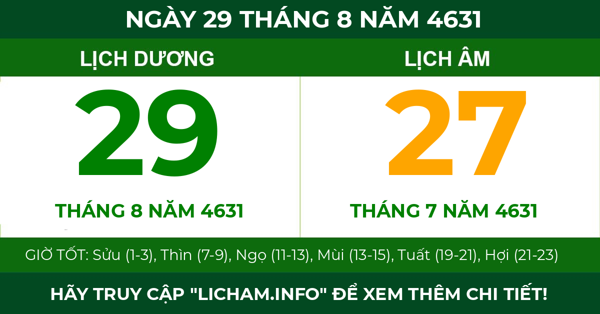 lịch âm ngày 29 tháng 8 năm 4631