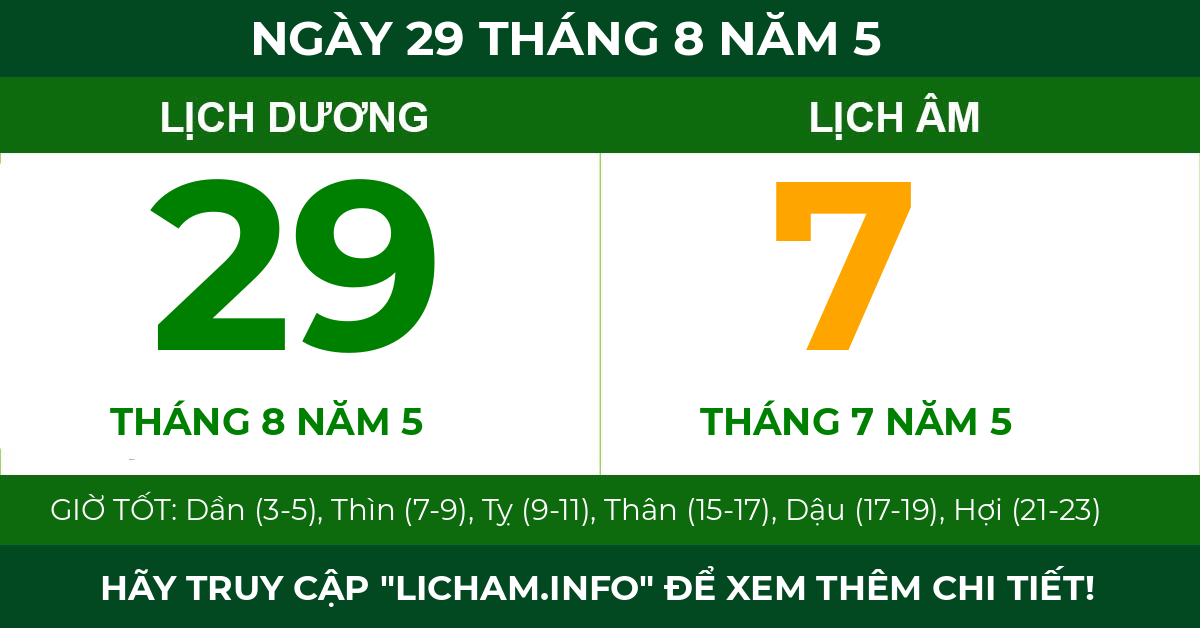 lịch âm ngày 29 tháng 8 năm 5