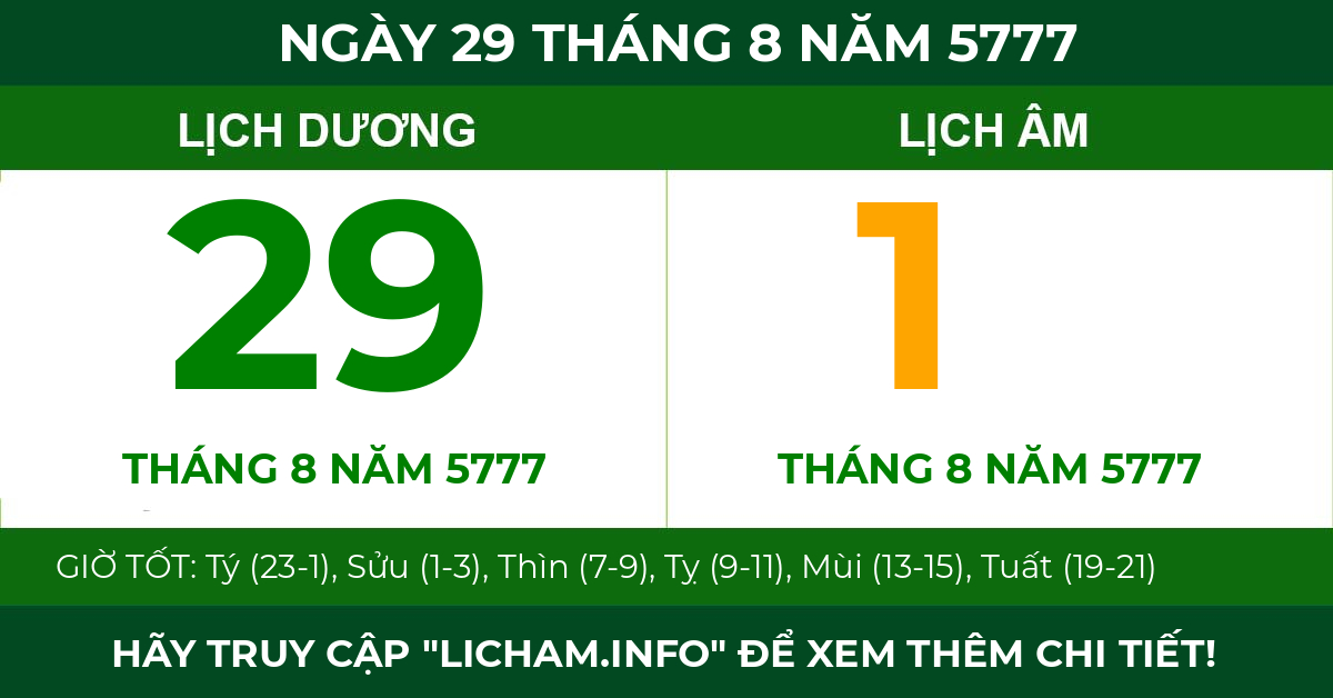 lịch âm ngày 29 tháng 8 năm 5777