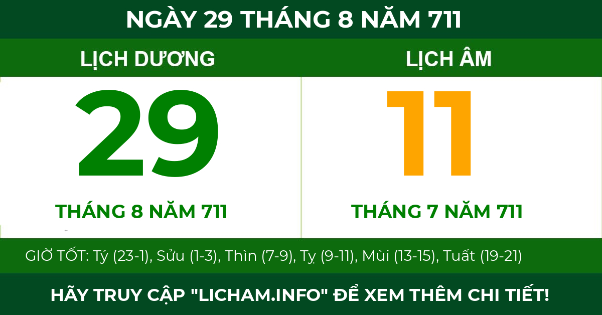 lịch âm ngày 29 tháng 8 năm 711