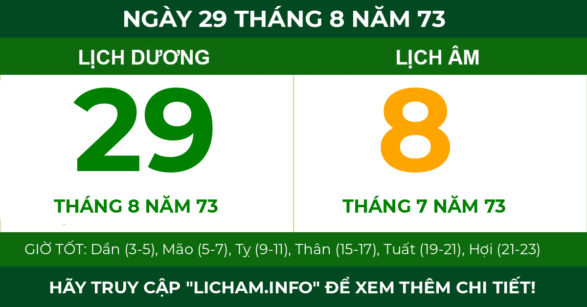 lịch âm ngày 29 tháng 8 năm 73