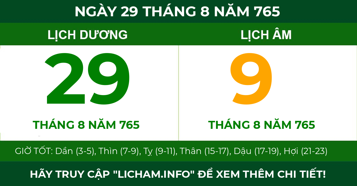 lịch âm ngày 29 tháng 8 năm 765
