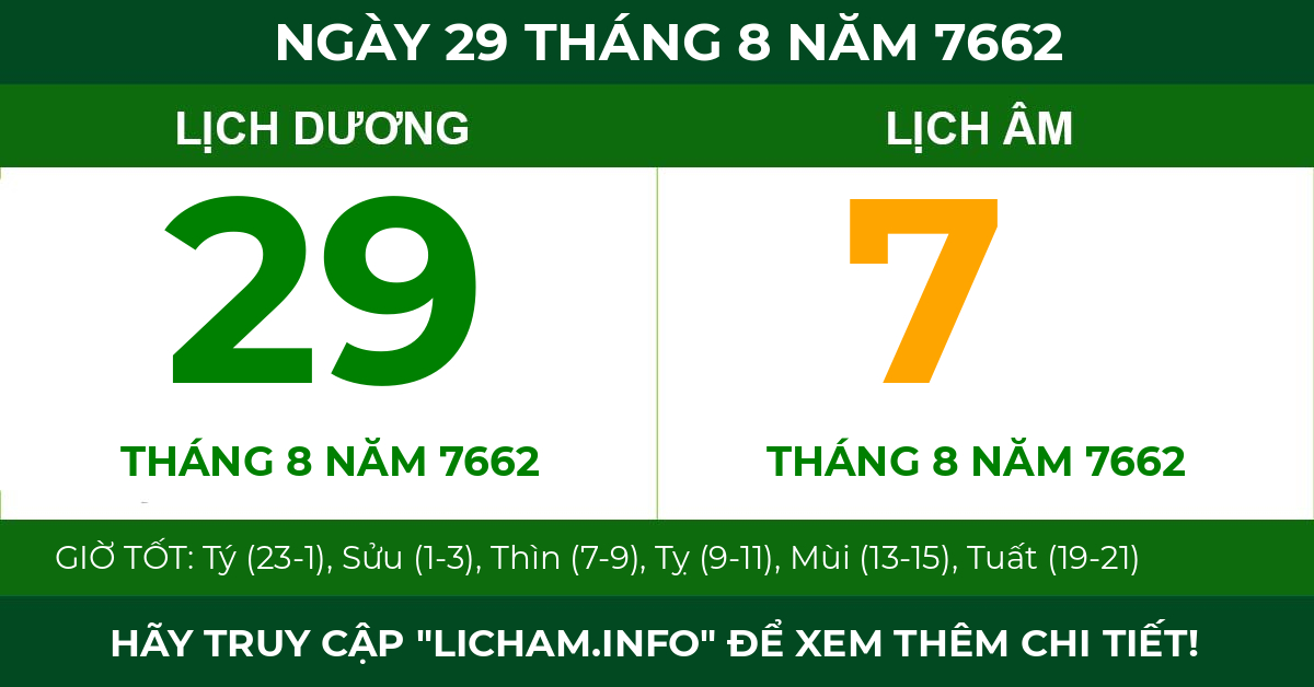 lịch âm ngày 29 tháng 8 năm 7662