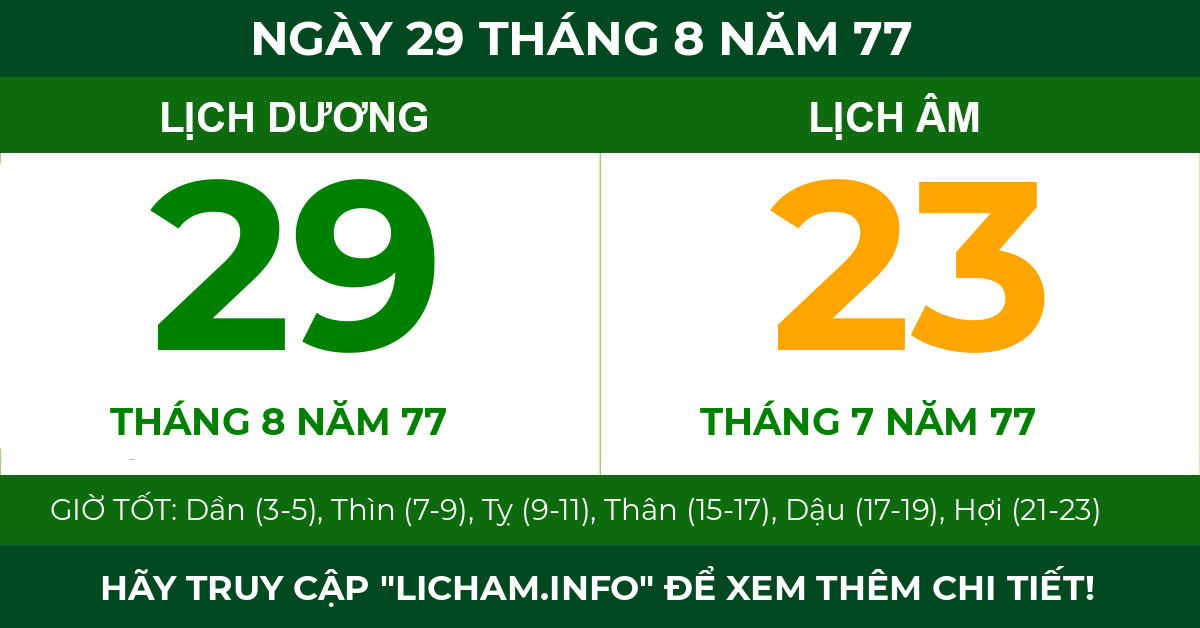lịch âm ngày 29 tháng 8 năm 77