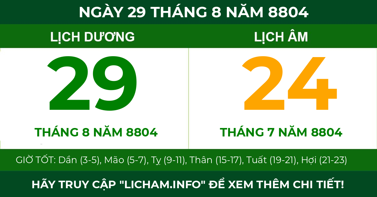 lịch âm ngày 29 tháng 8 năm 8804