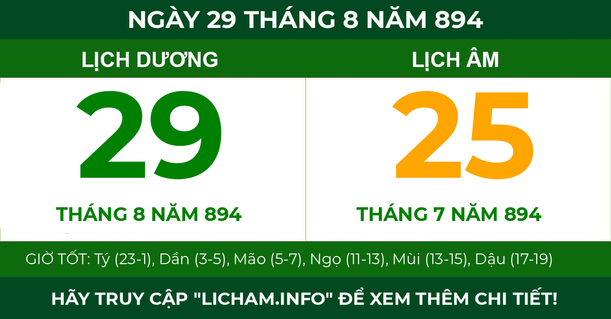 lịch âm ngày 29 tháng 8 năm 894