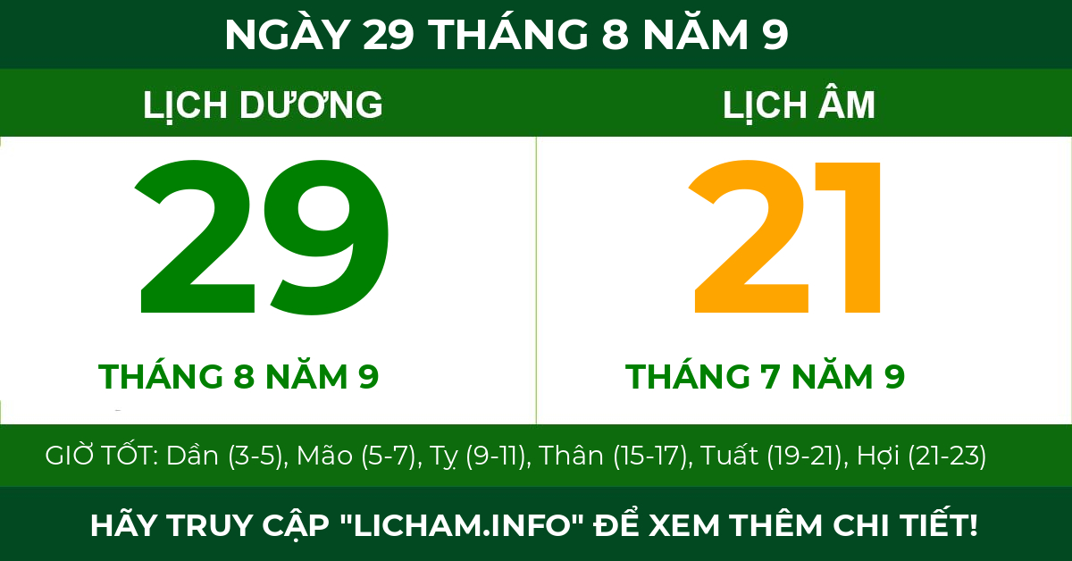 lịch âm ngày 29 tháng 8 năm 9
