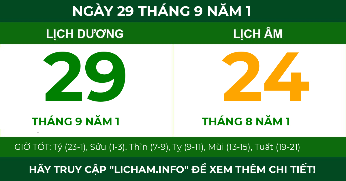 lịch âm ngày 29 tháng 9 năm 1