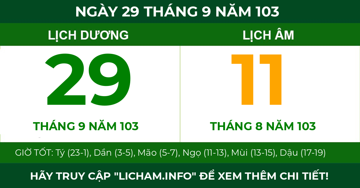 lịch âm ngày 29 tháng 9 năm 103