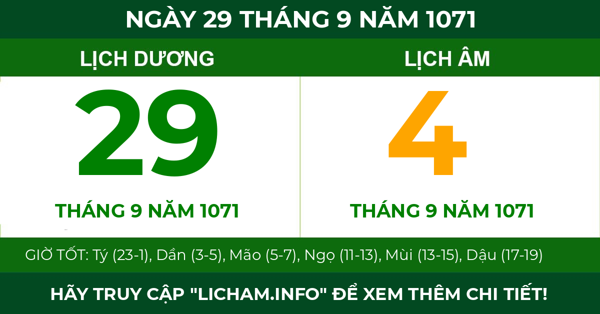 lịch âm ngày 29 tháng 9 năm 1071