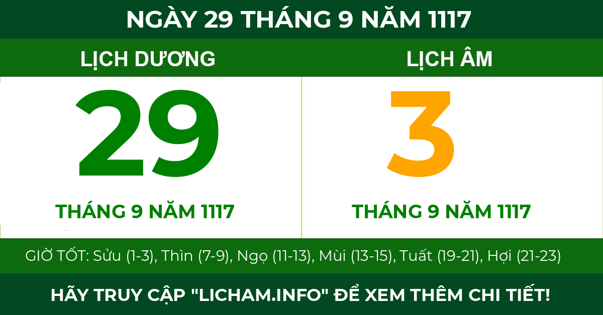 lịch âm ngày 29 tháng 9 năm 1117