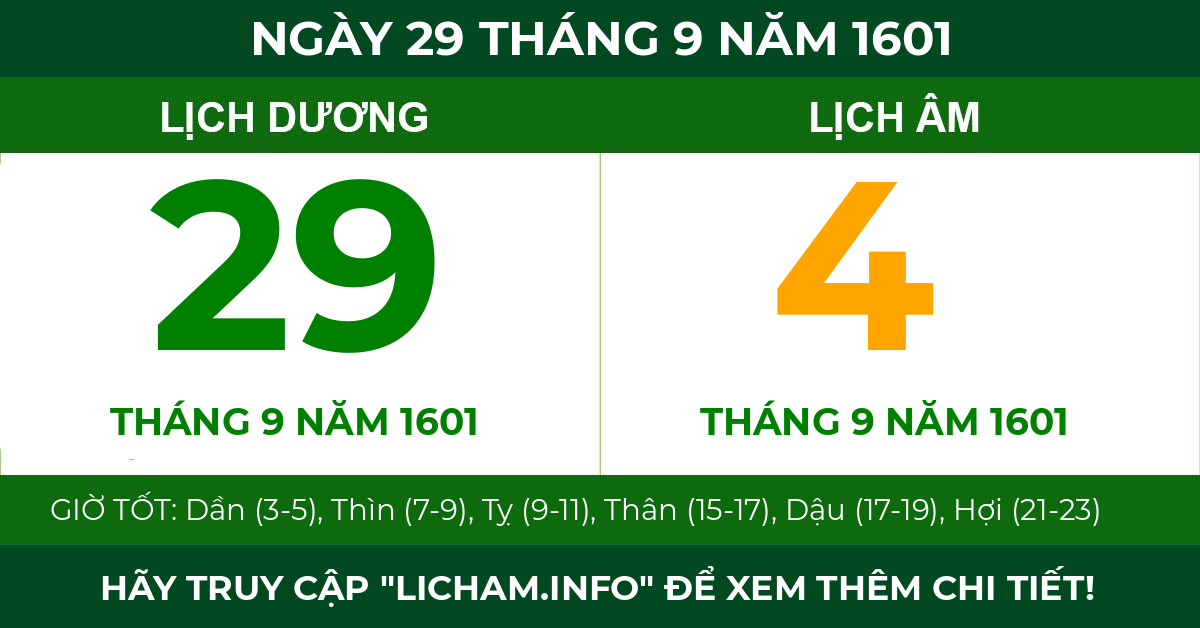 lịch âm ngày 29 tháng 9 năm 1601
