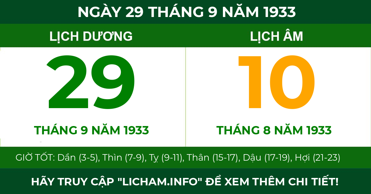 lịch âm ngày 29 tháng 9 năm 1933