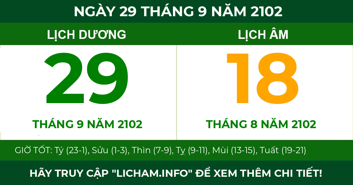 lịch âm ngày 29 tháng 9 năm 2102