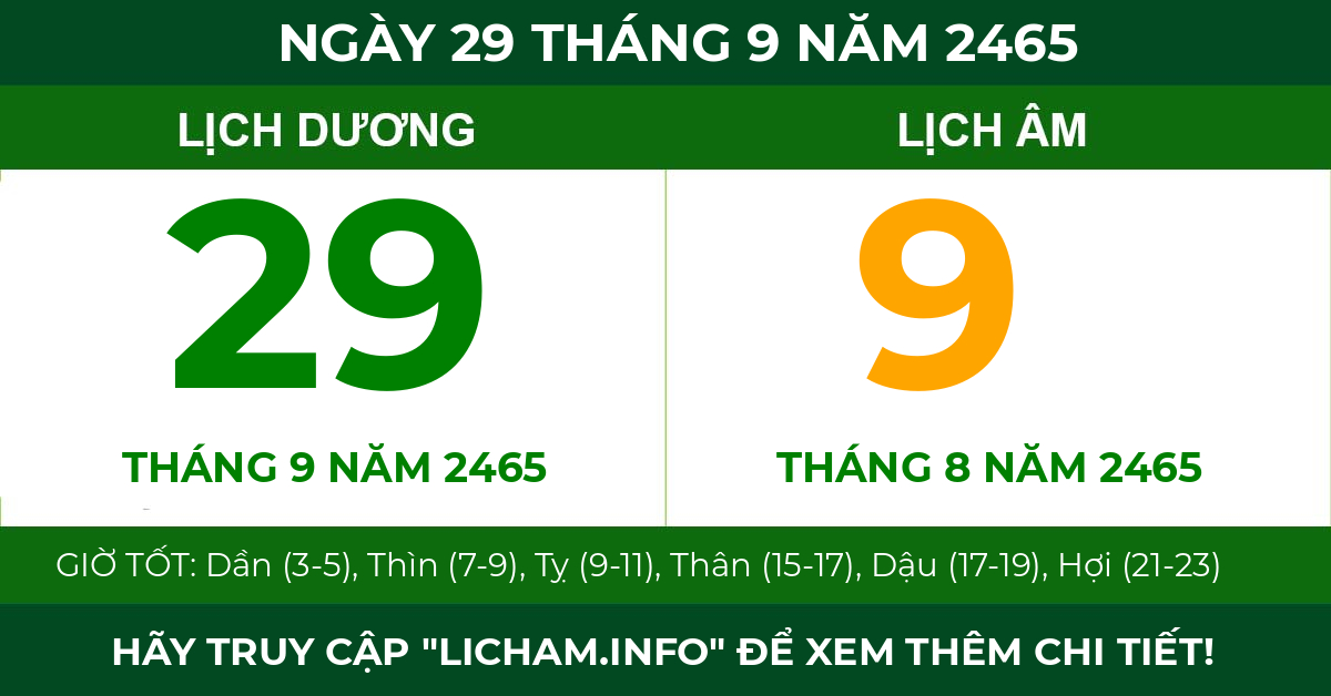 lịch âm ngày 29 tháng 9 năm 2465