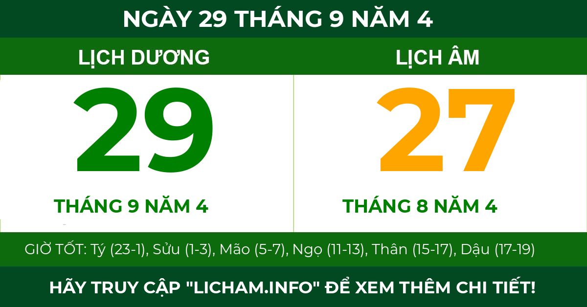 lịch âm ngày 29 tháng 9 năm 4