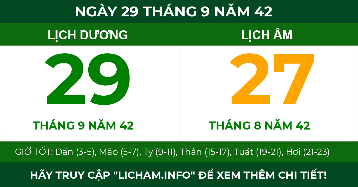 lịch âm ngày 29 tháng 9 năm 42