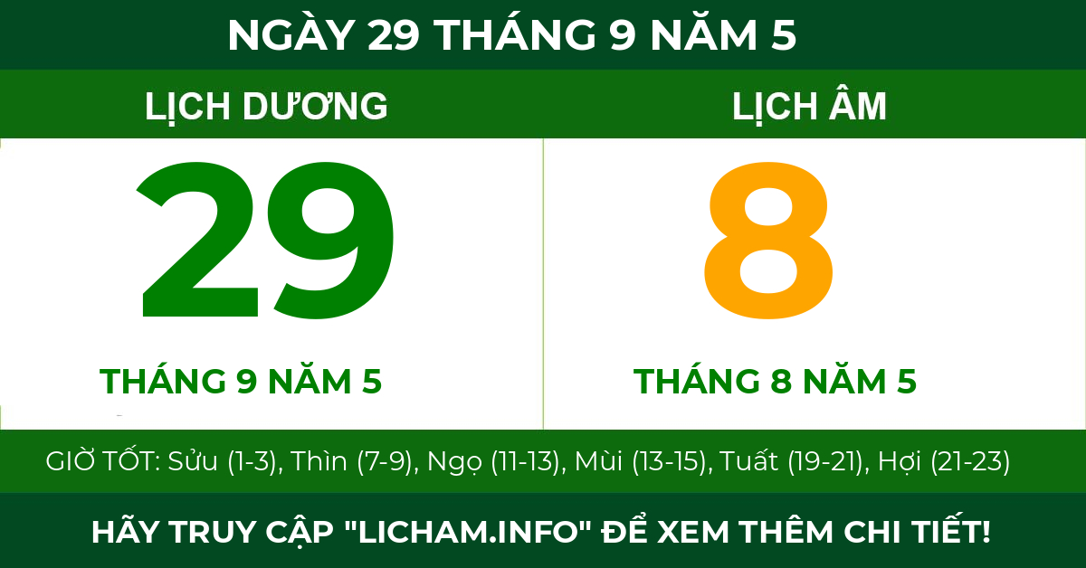 lịch âm ngày 29 tháng 9 năm 5