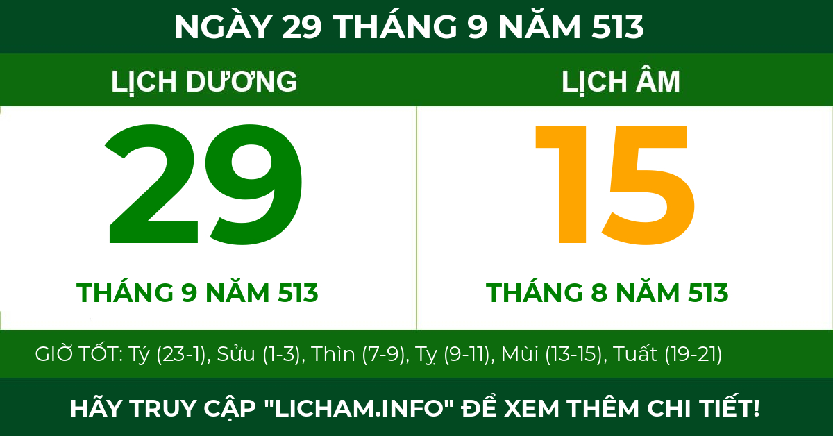 lịch âm ngày 29 tháng 9 năm 513