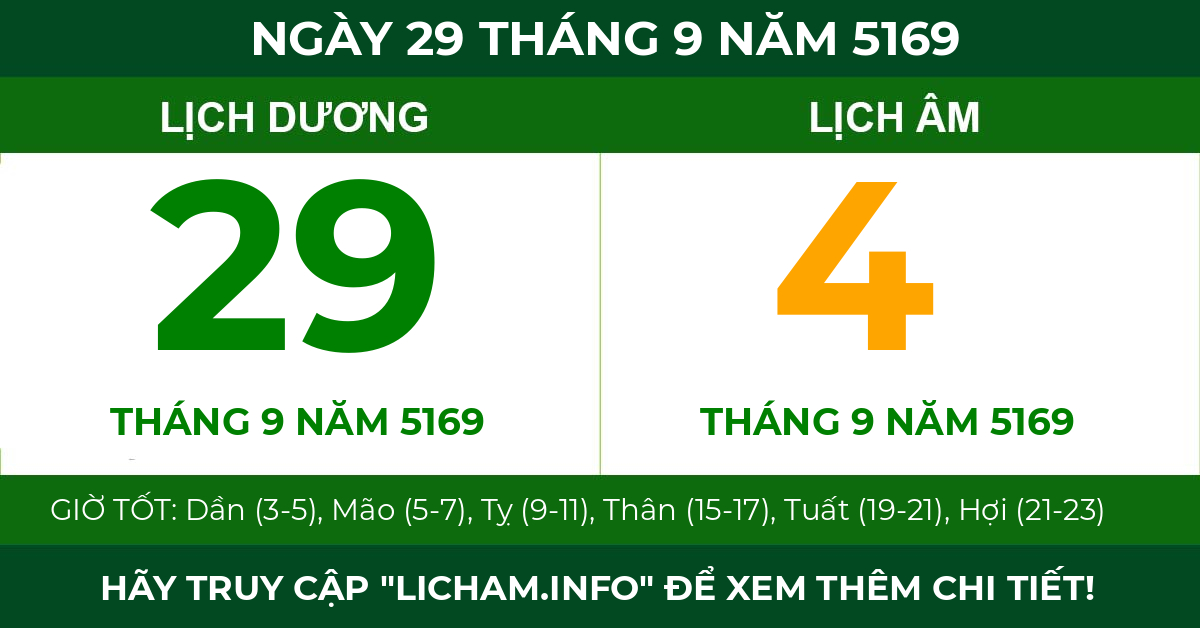 lịch âm ngày 29 tháng 9 năm 5169
