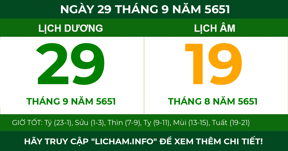 lịch âm ngày 29 tháng 9 năm 5651