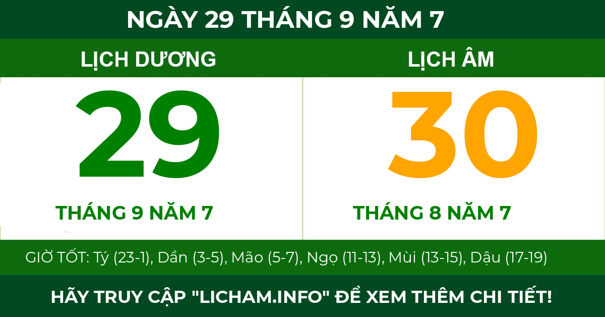 lịch âm ngày 29 tháng 9 năm 7