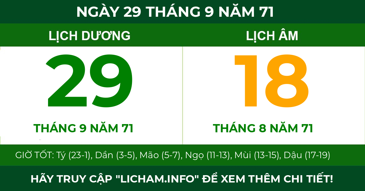 lịch âm ngày 29 tháng 9 năm 71