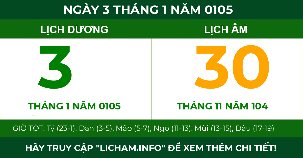 lịch âm ngày 3 tháng 1 năm 0105