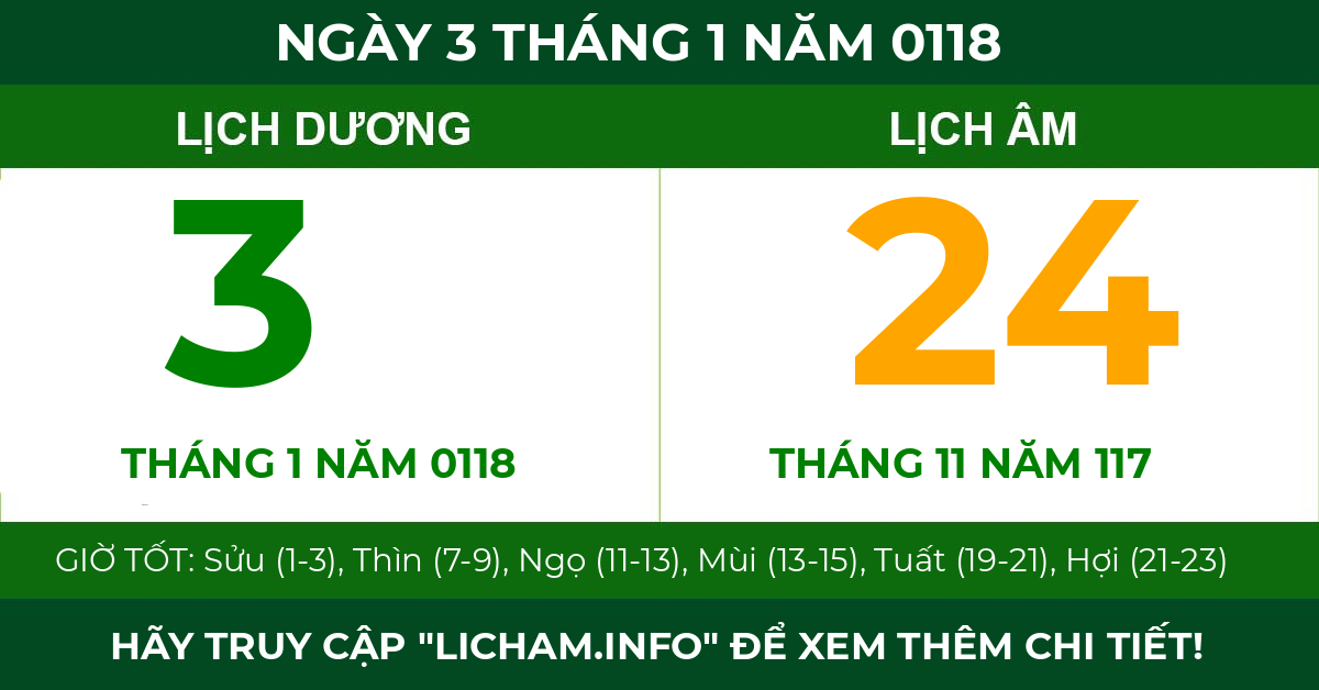 lịch âm ngày 3 tháng 1 năm 0118